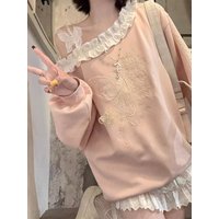 Off Shoulder Sweatshirt Ruffle Collar Lace Loose Soft Daily Wear Sweater Pullover Outfit 2025 Winter Fashion Female Fashion New