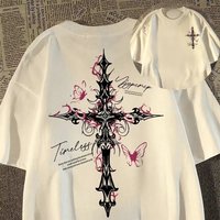 2026 Hip-hop Cross Print Loose Cotton Short-sleeved T-shirt for Men Women and Kids, American High Street Style for Summer