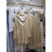 2026 Women Tassel Spliced Silk Set Elastic Waist Wide Leg Pants + O-Neck Long Sleeve Mini Dress Elegant Ladies Suit