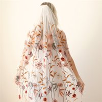 White Tulle Brown Floral Wedding Bridal Veils With Comb Autumn Flowers Leaves Falling Coloured Accessories For Brides Unique