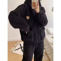 Extra Large Coral Fleece Pajama Set Women's Thickened Flannel Bear Head Home Clothes Winter Warm Sleepwear with Hat Long Sleeve