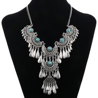 Vintage Ethnic Exaggerated Statement Necklaces Antique Silver Color Carved Water Drop Tassel Necklaces For Women Boho Jewelry