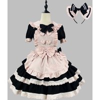 Sweet Spicy Princess Maid OP Lolita Dress 2Color Black-Pink/Black-Cream With Apron Bows Headband Plus Size S-5XL