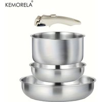 4PCS Stainless Steel Cookware Set - Detachable Handle Pots and Pans Space Saving Induction Induction Cooker and Oven Kitchen Set