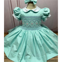 0-12Y Baby Girl Summer Flower Handmade Smocked Green Dress for Christmas Eid Birthday Party Holiday Photography Casual A216