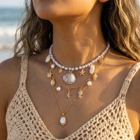 Oceanic Luxury Three-Layered Shell Starfish Conch Pearl Necklace for Women Summer Vacation Beach Accessory Ladies Jewelry