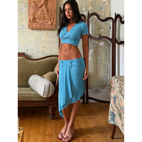 Nibber Party Velvet 2 Piece Set Women V-Neck Short Sleeve Crop Top+Ruched Ribbon Patchwork Irregular Hem Skirt Elegant Suits