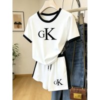 Summer Gk Letter Print Color-Blocking Set, Thin Breathable Casual Short-Sleeve Shorts Two-Piece Set