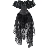 Black Corset Dress Skirt Set Off Shoulder Sexy Overbust Corsets with Skirt Women Gothic Plus Size Burlesque Corselet Victorian