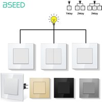 BSEED 1/2Gang 1 Way 2 Way 3 Way Button Switch 10A EU Standard Home Switch Black White Golden With Crystal Glass Panel E Series