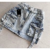 Y2K Short Skirt Fashion Retro Blue Multi Pocket Denim Shorts Womens Gothic Cargo Baggy Denim Shorts High Waist Slim Mini Skirt
