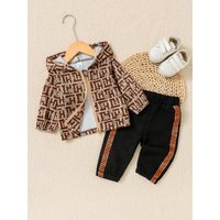 Fall Boys' Casual Two-Piece Hooded Bear Print Zipper Long-Sleeved Coat With Elasticated Waists And Black Matching Hem Hem Pants