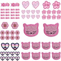 10PCS Pink Cartoon Embroidery Patch Butterfly Cat/Flower Iron On Patches For Clothing DIY Love Heart Letter Patch Sew Stickers