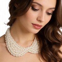 Vintage Style Crystal Faux Pearl Cotton Cloth Button Choker Turn Down Collar Necklace