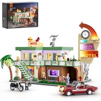 FUNWHOLE 1970 Pcs City Car-Hotel LED Light Lighting Building-Bricks Set Road Trip Twilight Motel With Color Box