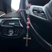 Vintage Silver Crucifix Car Charm Pink Flower Beads Vehicle Interior Decor Prayer Rosary