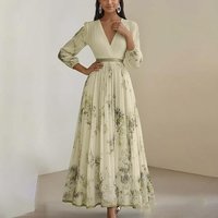 Spring 2026 Women's V-neck Printed Skirt Long Dress High Waist Lantern Sleeve Commute Style Casual Fashion Big Hemline Dress