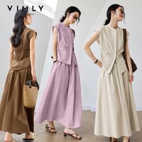 VIMLY Women's Casual Minimalist Skirt Set 2026 Summer New Round Neck Sleeveless Top Elastic Waist Maxi Skirt 2 Piece Set M9593