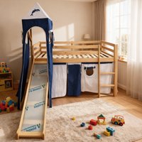 Solid Wood Kids Loft Bed with Slide | Playhouse Tent Bunk | Safety Guardrail Pine Children Bed