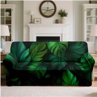 1pc Tropical Monstera Leaf Print Stretch Sofa Cover, Boho Green Botanical Couch Slipcover for Jungle Home Decor