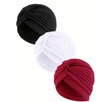 3pcs Solid Color Elastic Turban Cap, Casual Pleated Head Wrap Beanie Head Scarf Chemo Hats for Women