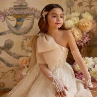 Elegant One Shoulder with Bow Custom Flower Girl Dress for Wedding Beading Floor Lenght Kids Birthday Party First Communion Gown