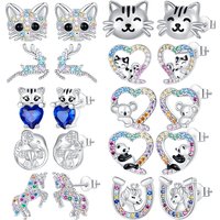 New S925 Sterling Silver Cat panda koala elephant Animal series Zircon Earrings for Women Luxury Jewelry Wedding Birthday Gift