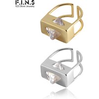 F.I.N.S Temperament Simple Fine Jewelry Irregular Zircon S925 Sterling Silver Ring Geometric Wide Mid Finger Rings for Women