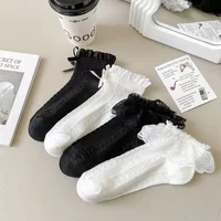 Princess Bow Socks Lace Ruffle Socks Women Cute Sweet Girl Lolita Kawaii Hollow Out Mesh Thin Breathable Short Sock Black White