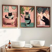 Lustige schwarze Katze Badezimmer Badezimmer Leinwand Poster Vintage Tier Toilette Wand Kunstdruck moderne Wohnzimmer Badezimmer Home Decor