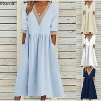 2026 Women's Summer Dress Fashion Splice Elegant Casual Dress V-neck Half Sleeve Pocket Dress Ladies Vacation Mid Length Dress