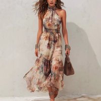 Elegant Halter Off Shoulder Party Dresses Woman Summer Floral Print Long Dress Cinched Waist Sleeveless Summer Beach Dress