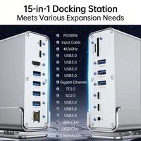 Hub USB-C 15 en 1, station d'accueil 4K HDMI Type C avec RJ45 1000M, USB 3.0, PD 100W, lecteur de cartes SD/TF, adaptateurs audio 3.5 pour ordinateur portable