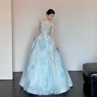 Fancy Evening Dress Light Blue Prom gowns Strapless Lace-up Back Tulle Sweep Train L&P DQL Studio
