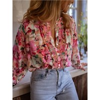 2025 Spring Autumn Casual Loose Women's Shirt Retro Floral Printed O-Neck Shirt Fashion Street Ruffle Top Office Lady Clothing