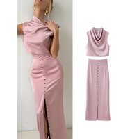 TFMLN 2026 Women Elegant Solid Satin Skirt Set Sleeveless Short Vest Top Hip Package Long Skirt Female Summer Party Outfits