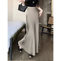 Solid Champagne Black Midi Skirts for Women Fashion Korean Summer Women's Long Skirt Silk High Waisted Slim Satin Skirt