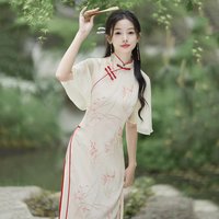 Women's New Chinese Style Qipao Dress Elegant Print 2026 Summer Short Sleeve Vintage Wedding Daily Wear Casual Slim Dress Ladies
