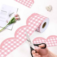 Pink grid decorative wall trim with self-adhesive design. Durable border for school, home and office bulletin board decoration.