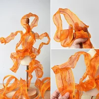 Orange with Red Silk Thread Organza Ruffle Edge Pleated Texture Lace Accessories Iridescent Gradient Fabric