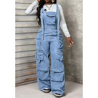 Autumn New Solid Color Multi Pocket Decoration High Waist Loose Wide Leg Strap Jumpsuit Women's Fashion Trend Cowboy Jumpsuit