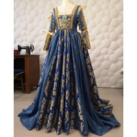 Historical 15th Century Blue Italian Renaissance Dress Borgia Costume Dress Medieval Vintage Court Fairy Pearl Dress Ball Gown