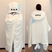 Cartoon Cute Seal Cat Hooded Blanket Plush Cloak For Winter Green Flannel Wearable Robe With Gloves Home Office Nap Girls Gift
