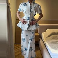 Elegant Temperament Lady Commute Sets Summer Sexy Slim Outfits Stand Collar Printed Puff Short Sleeve Tops Skirts Matching Sets