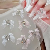 5PCS 3D Organza Bow Nail Art Rhinestones Accessories White Pink Bow Square Waterdrop Diamond Nail Art Decoration Manicure Charms