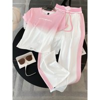 Korean Style Casual Sportswear Set Women Summer Fashion Gradient Short Sleeve Top Wide Leg Pants Two Piece Set