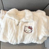 Kawaii Hello Kitty Embroidered Fluffy Pajamas Set Women 2025 Winter Sleepwear Y2K Aesthetic Loungewear Two-Piece Warm Loose Fit