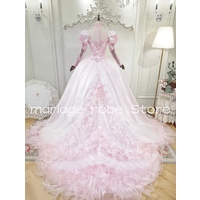 History Pink Victorian Wedding Dresses Puffy Long Sleeve Ruffles Long Train Beaded Vintage Farm Bridal Gown Customsized