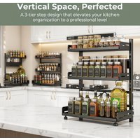 Adjustable 3 Tier Spice Storage Rack Black Metal Kitchen Shelf for Countertop Cabinet