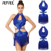 Womens Latin Jazz Dance Tassel Dress Shiny Keyhole Front Cutout Back Sleeveless Fringe Dress for Dance Performance Competition